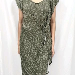 Elegant Olive Green Geometric Printed Drape Dress