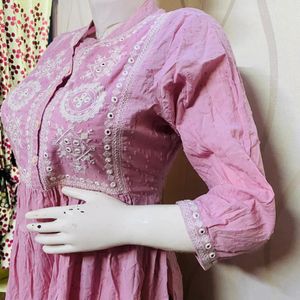 Pink Color Cotton Self Embroidered Kurta