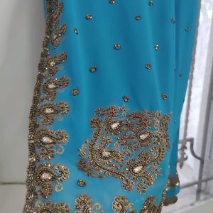 Teal Heavy Embroidery Saree With Blouse