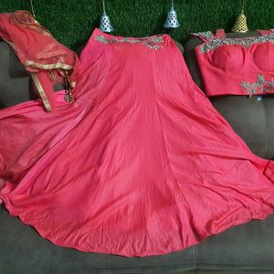 Pink Girlish Look Skirt Croptop With NetDupatta