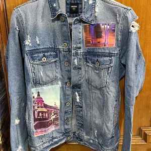 NUON PRINTED DISTRESSED BLUE  DENIM JACKET