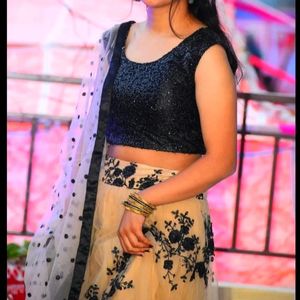 Beige And Black Colour Lehenga(With Earrings)