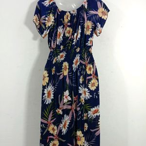 Navy Blue Floral Print Dress (Women's)