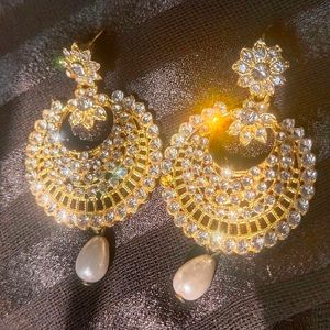 Gold And White Stone Earrings