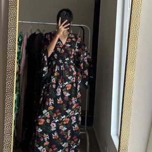 Floral Print Maxi Dress with Flared Sleeves & Lace