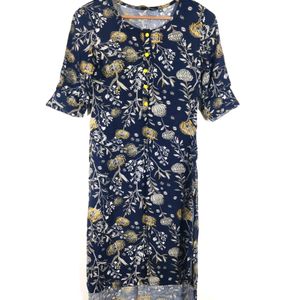 Navy Blue Printed Casual High&Low  Kurta (Women)