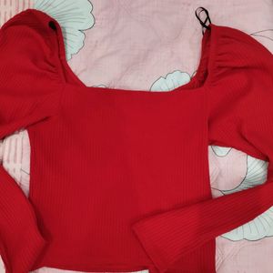 H&M Brand New Cherry Red Puffed Sleeve Top