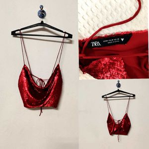 Zara Red Sequine Crop Top