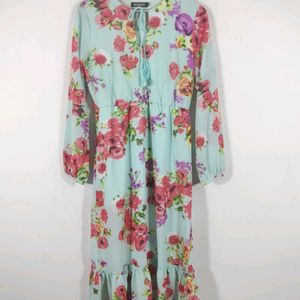 Sassafras Cyan Printed Western Dress(Women)