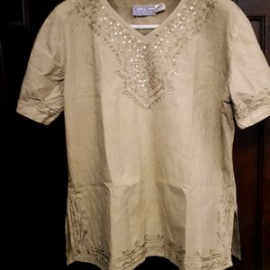 V neck Embroidered Beige Kaftan Tunic🐫🌻