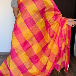 Yellow And Pink Checked Silk Saree