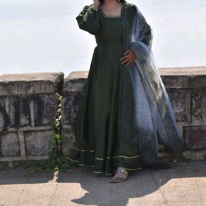 Silk Olive Green Gown With Dupatta