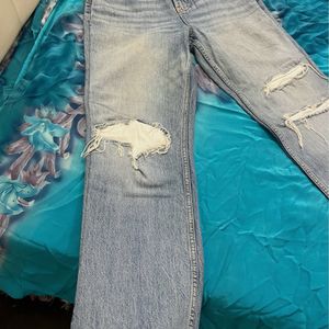 Blue Ripped Straight Leg Jeans