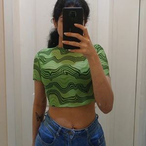 Green Patterned Mesh Crop Top