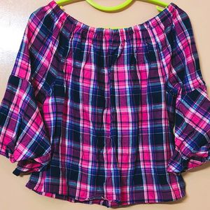 DNMX: Multicolour(pink) Checkered Off-shoulder Top