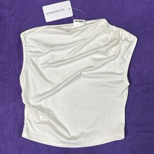 High Neck RuchedSleeveless White Crop Top