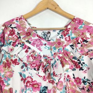 White Floral Print Bell Puff Sleeves Top (Women's)