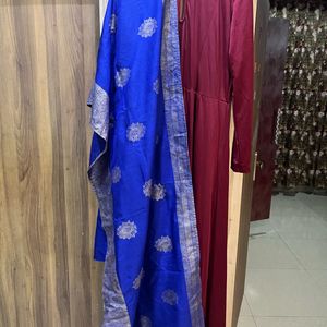 Anarkali Type Maroon Gown And Navy Blue Dupatta