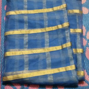 Blue Saree With Golden lines