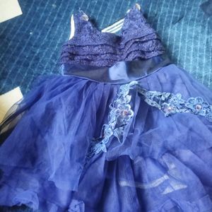 Blue Frill Frock Or Girls 2-3 Years. satin Belt On Waist.shimmer Breast Portion.knee Lenght Frock