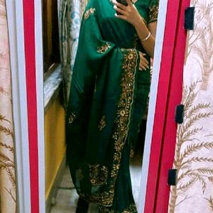 green heavy stone work saree