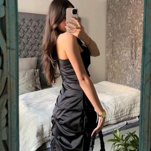 Black One Shoulder Satin Ruched Dress