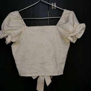 Puff Sleeve Off White Front Knot Top