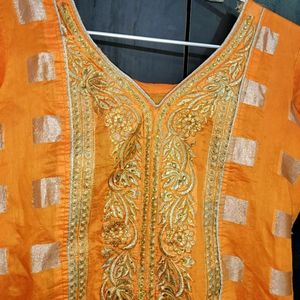 Orange Short Kurta With Golden Embroidery