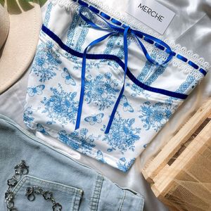 Blue Floral Embroidery Corset Top