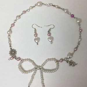 purple pearl bow necklace with earring set 🤍