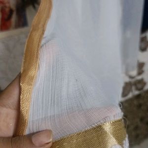 White Dupatta With Golden Lace