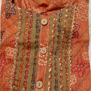 Orange Ornamental Print Kurta Trouser Dupatta (XL)