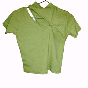 Casual Neon Green  Nack Cut Out Fitted Top