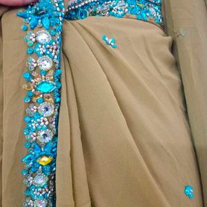 Olive Green Saree With Blue Zari Work On