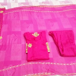 Rani Pink stitched Kurta With Pant Dupatta Sets.