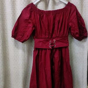 Maroon Puff Sleeve Corset Belt Dress