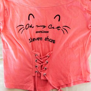 Peach Colour Cat Graphic Lace-up Top