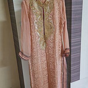 Peach Kurta With Pant And Printed Chiffon Dupatta