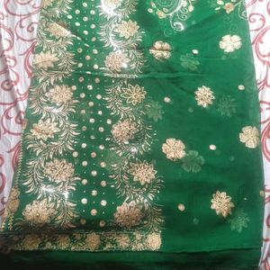 Green saree With Beautiful silver design