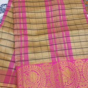 Golden yellow and Pink cotton silk saree With Zari