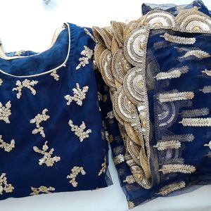 Navy Blue Embroidered Kurta & Dupatta (Women's)