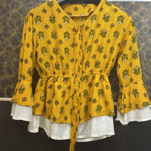 Mustard And White Printed Top