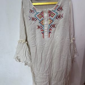 Multicolour Embroidery Kurta With Pompom