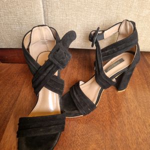 Suede Black Chunky Heels Wedges