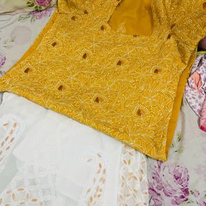 Women Mustard Chickankari Kurta Set With Pallazo