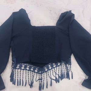 Pretty Tasseled Blue Crop Top