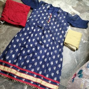 Blue Kurti Red Churi Cotton Pant And Cream Dupatta