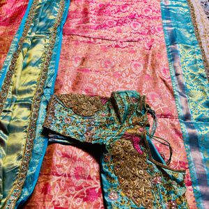 Price Drop  Peach Blue Color Pattu Maggam  Saree