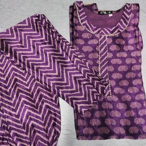 Women Purple Satin Silk Printed Kurta With Pant