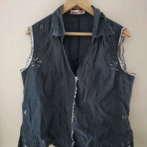 Denim Top With Lace, Embroidery And Cut Work